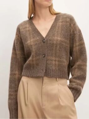 Everlane Brown Plaid Cropped V-Neck Cardigan | Size Small | Alpaca, Wool & Nylon